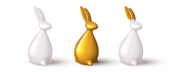 Set of realistic rabbits isolated on white background. Realistic porcelain and gold rabbits. Vector illustration with 3d decorative bunnies for Easter design.