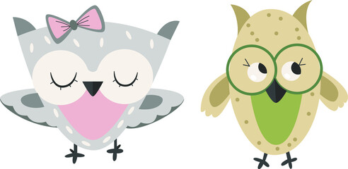 Set of cute owls. Vector child character bird. Children's cartoon illustration. Childish t shirt print design