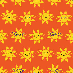 Cute and happy sun characters vector seamless pattern background for summer design.
