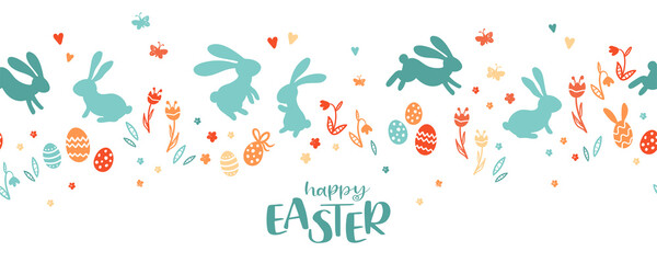 Lovely hand drawn Easter design with bunnies, flowers and Easter Eggs, cute doodles background, great for cards, invitations, banners, wallpapers - vector design