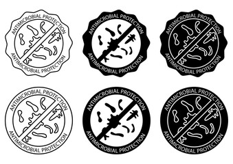 Badges for material with antimicrobial and antiviral protection. Antibacterial protection resistant to microorganisms product. Antimicrobial coating defense information sign. Vector icons