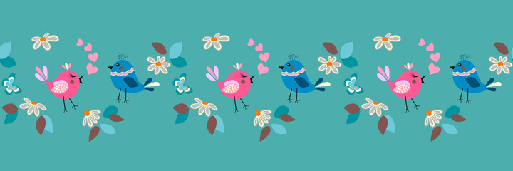Easter, springtime day seamless border pattern background with small daisy, butterfly and cute love birds