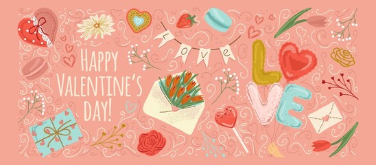 Vealentines day poster and card, hand drawn vector illustration. 14 February Valentine day design decoration background with flowers, candy, letter