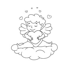 Cute dreaming Cupid with heart is sitting on cloud. Vector illustration for Valentine's day. Black and white illustration for coloring book