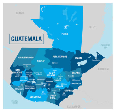 Guatemala country political map. Detailed vector illustration with isolated provinces, states, regions, departments, and cities easy to ungroup. 