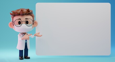 3D Rendering illustration of cute doctor character wearing mask , explaining, introducing, pointing at blank banner, board with copy space