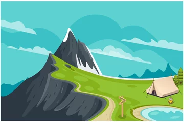 Foto op Plexiglas Sunny day landscape illustration in flat style with tent, campfire, mountains, forest and water. © tofu_khai1980