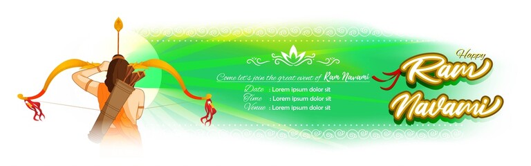 Vector illustration concept of Spring Hindu festival, Shree Ram Navami(Hindi text),written text means Shree Ram Navami, Lord Rama with bow and arrow greeting, poster, banner, flyer 