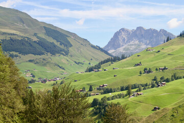 Obraz premium Beautiful landscape with mountains, forests and meadows near mountain village St. Antönien, Switzerland.