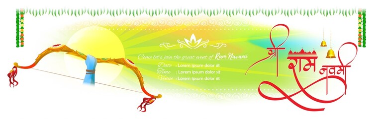 Vector illustration concept of Spring Hindu festival, Shree Ram Navami(Hindi text),written text means Shree Ram Navami, Lord Rama with bow and arrow greeting, poster, banner, flyer 