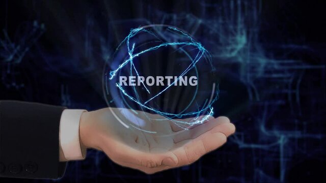 Painted hand shows concept text Reporting hologram on his hand. Drawn man in business suit with future technology screen and modern cosmic background