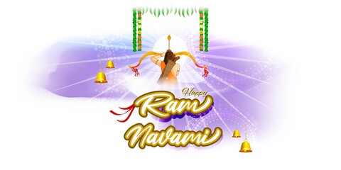 Vector illustration concept of Spring Hindu festival, Shree Ram Navami(Hindi text),written text means Shree Ram Navami, Lord Rama with bow and arrow greeting, poster, banner, flyer 