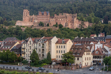 Fototapeta na wymiar Hill view of Heidelberg old town after sunset in summer