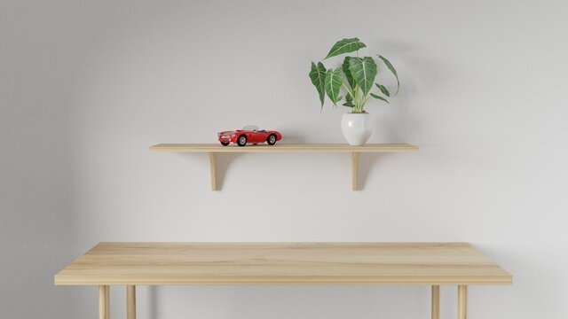 3d render Working desk and shelf with white background. car model and green plant on shelf. minimal workspace. wall concept template.