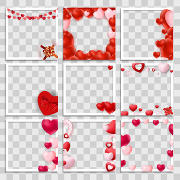 Empty Blank Photo Frame 3d Set With Hearts Template For Media Post  In Social Network For Valentine`s Day. Vector Illustration