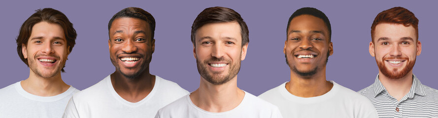 Collage of multiracial bearded guys in a row over purple