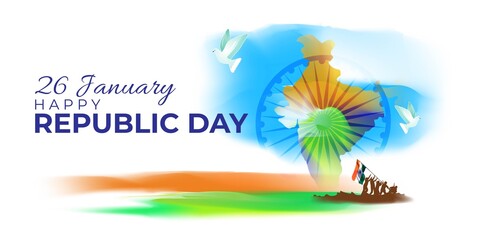 Obraz premium Vector banner of Happy Republic day, 26 january, national holiday of India, abstract India flag, ashoka chakra, soldiers, flag hoisting ,template for website and social media.