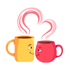 Valentine's Day. Illustration for the holiday. Lovers cups. Flat design. Cute cups with coffee.