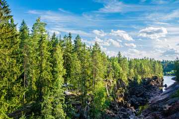 View of The Kruununpuisto Park and Imatrankoski rapid (The Imatra Rapid) in summer, Vuoksi River, Imatra, Finland