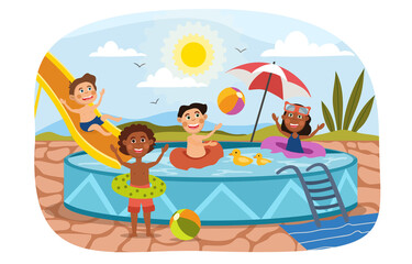 Group of diverse young kids playing in a pool together on a hot summer day with ball, umbrella and slide, colored vector illustration