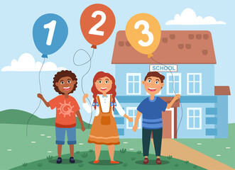 Young children learning their numbers standing outside with colorful numbered party balloons, colored cartoon vector illustration