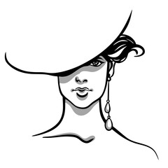 Face of young beautiful trendy girl wearing fashionable hat and earring. Vector fashion illustration for custom design and print.