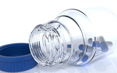 detail of open medication glass bottle with reflection and capsules in front  - 3D illustration - copy space