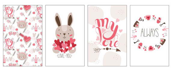 Set of 4 valentine's day cards with rabbit iand hearts, frame, festive lettering and seamless pattern in pink and brown colors. Vector illustration in cute cartoon flat style for printing.