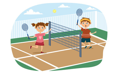 Young boy and girl playing a game of tennis on an outdoor court in summer in a healthy lifestyle concept, colored cartoon vector illustration