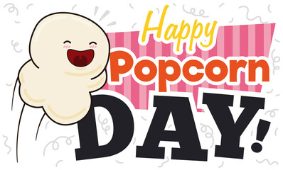 Happy Kernel in a Party and Striped Sign Celebrating Popcorn Day, Vector Illustration