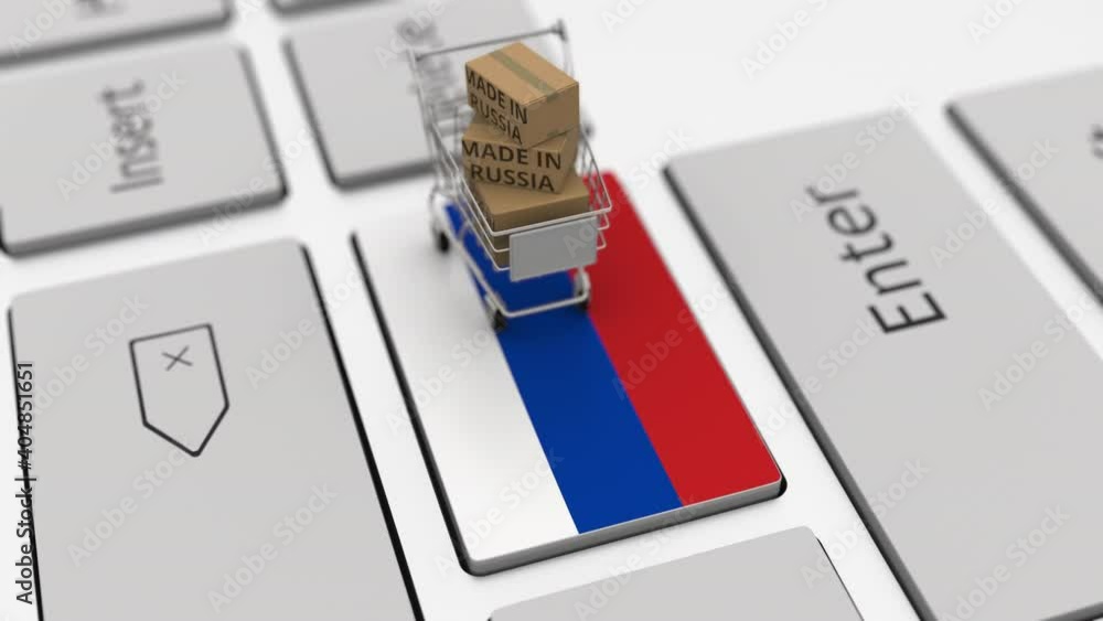 Poster boxes with made in russia text and shopping cart on the keyboard. conceptual looping 3d animation