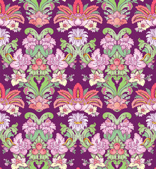 Seamless victorian floral luxurious tileable vector pattern. Rococo or baroque classic textile ornament in lilac, pink, rose and light blue colors.