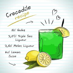 Crocodile cocktail, vector sketch hand drawn illustration, fresh summer alcoholic drink with recipe and fruits	
