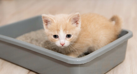 The concept of ingingusing a cat to the tray. The little red kitten sits in the toilet tray and looks straight.