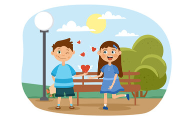 Obraz na płótnie Canvas First love concept with cute little boy and girl meeting on a bench in the park with floating red hearts, colored cartoon vector illustration