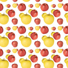 Seamless pattern, red and yellow apples isolated on white background.