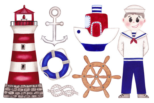 Set of cute nautical illustrations. Hand painted watercolor illustrations. Light house, sailor man, anchor, ship, life ring, steering wheel and nautical knots.