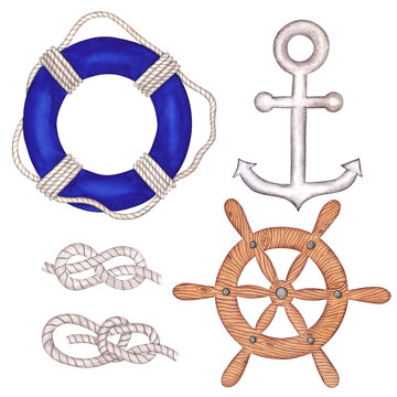 Set of cute nautical illustrations. Hand painted isolated watercolor illustrations on white background. Anchor, life ring, steering wheel and nautical knots.