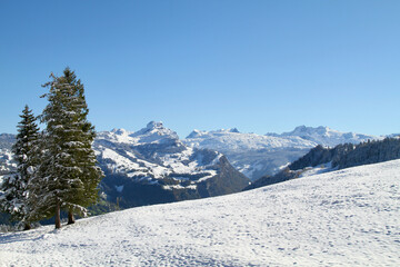 Fototapeta na wymiar Autumn mountain panorama with fresh snow at Swiss village of Stoos.