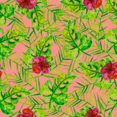 Schilderijen op glas Print summer exotic jungle plant tropical palm leaves. Pattern, seamless floral  on the pink background. Nature wallpaper. © Liudmila
