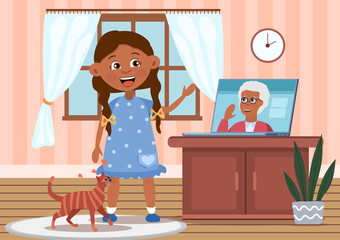 Young girl chatting online to Grandma during the Covid-19 pandemic in a conference or video call on a laptop, colored cartoon vector illustration