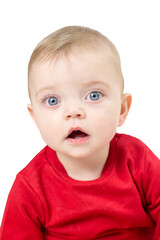 Adorable little girl with huge eyes and long eyelashes a white background