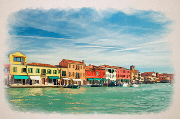 Watercolor drawing of Murano islands water canal, boats and motor boats, row of colorful traditional buildings, Venetian Lagoon, Province of Venice - obrazy, fototapety, plakaty