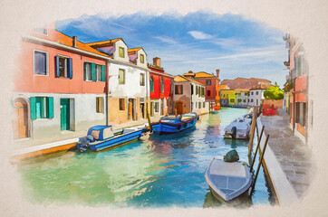 Fototapeta na wymiar Watercolor drawing of Murano islands with water canal, boats and motor boats, colorful traditional buildings, Venetian Lagoon, Italy