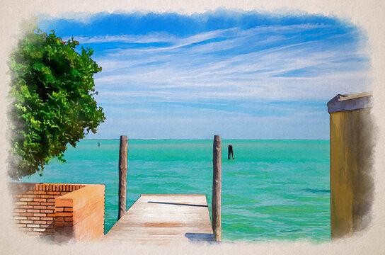Watercolor drawing of Wooden pier in turquoise water of Venetian Lagoon, tree with green leaves and brick wall nearby