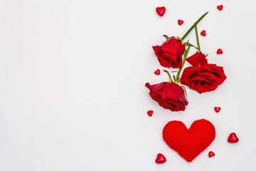 Red hearts and fresh fragrant rose isolated on white background