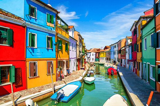 Watercolor drawing of Colorful houses of Burano island. Multicolored buildings on fondamenta embankment of narrow water canal with fishing boats, Italy