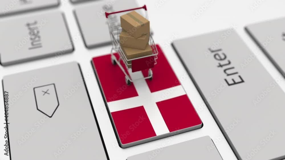 Fototapete shopping cart on the keyboard key with flag of denmark. looping ecommerce related 3d animation