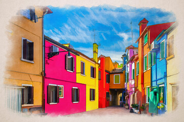 Fototapeta na wymiar Watercolor drawing of Colorful houses of Burano island. Multicolored buildings in small yard, blue sky background in sunny summer day