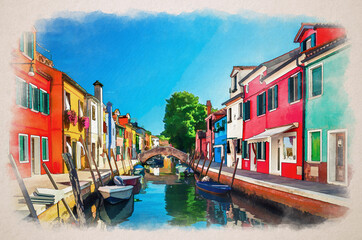 Fototapeta na wymiar Watercolor drawing of Colorful houses of Burano island. Multicolored buildings on fondamenta embankment of narrow water canal with fishing boats, Italy